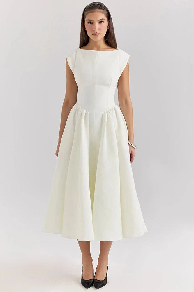 Glorol - Hollow Out Backless Sleeveless High Waist Pleated A-line Midi Dress