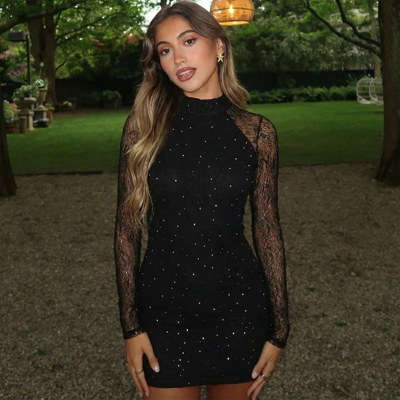 Glorol - Lace See Through Long Sleeve Mini Dress