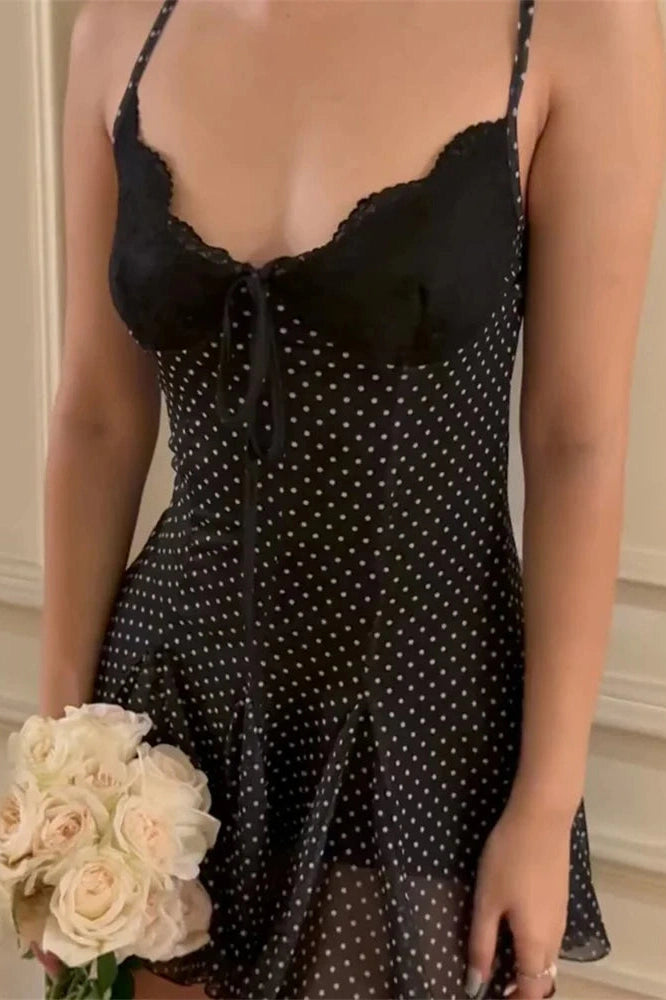 Glorol - Lace See-Through High Waist Slim V-Neck Mini Dress