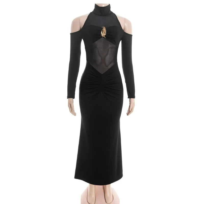 Glorol - Off Shoulder See Through Patchwork Maxi Dress