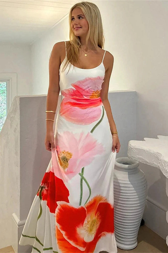 Glorol - Printed Spaghetti Straps Backless Maxi Dress