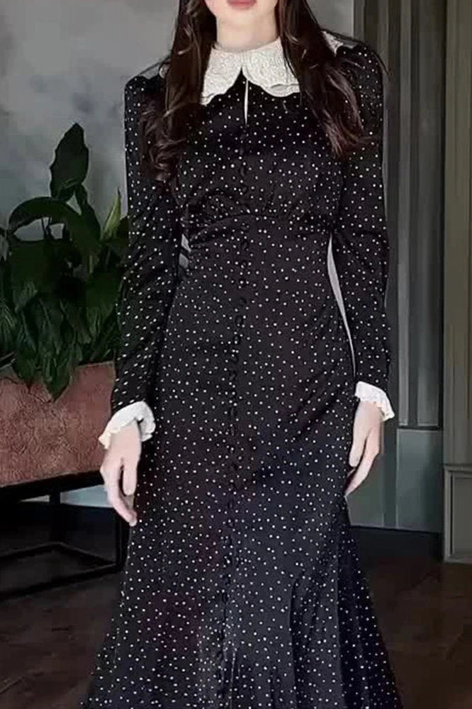 Glorol - Elegant Long Sleeve Slim Lace Up High Waist Pleat Printed Maxi Dress