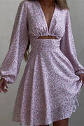 Glorol - Hollow Out V-Neck Printed Long Sleeve Patchwork Mini Dress