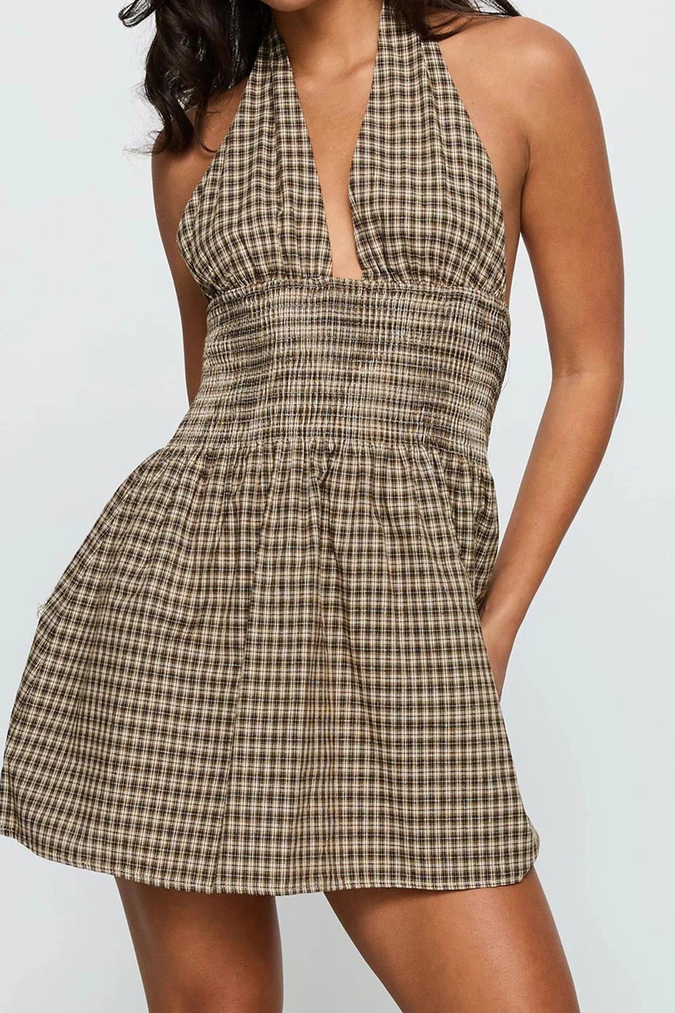 Glorol - Plaid Backless Sleeveless V Neck A-Line Mini Dress