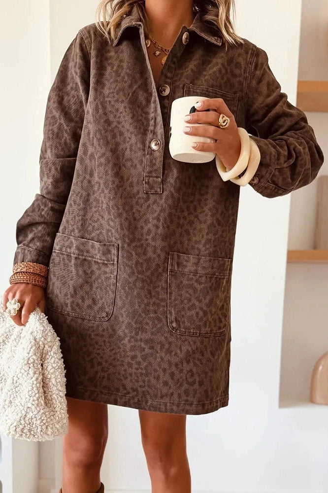 Glorol - Elegant Long Sleeve Pocket High Waist Loose Printed Mini Dress