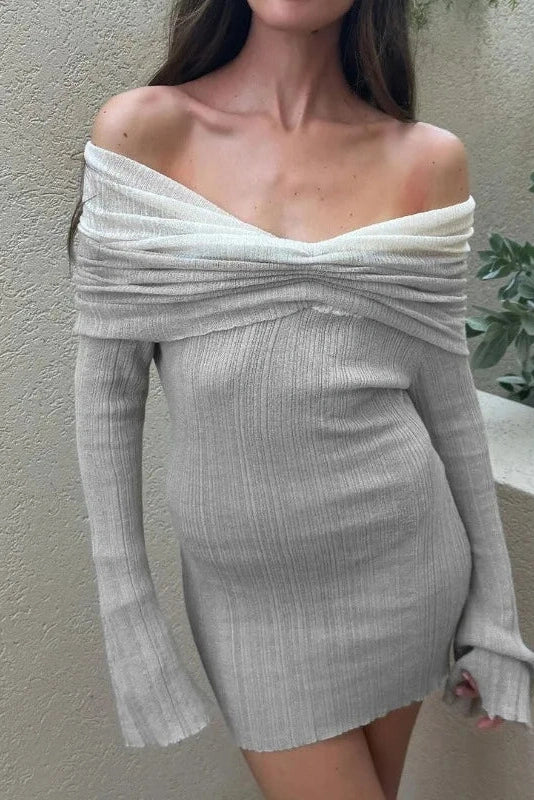 Glorol - Off-Shoulder Knitted Long Sleeve Slim Backless Mini Dress