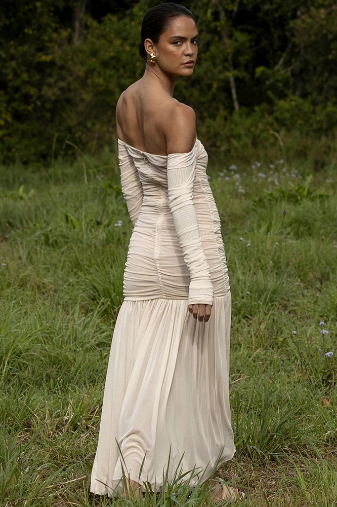 Glorol - Off-Shoulder Strapless Patchwork Backless Long Sleeve Pleated Maxi Dress