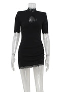 Glorol - Hollow Out Lace Patchwork Slim High-Waisted Mini Dress