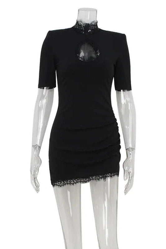 Glorol - Hollow Out Lace Patchwork Slim High-Waisted Mini Dress