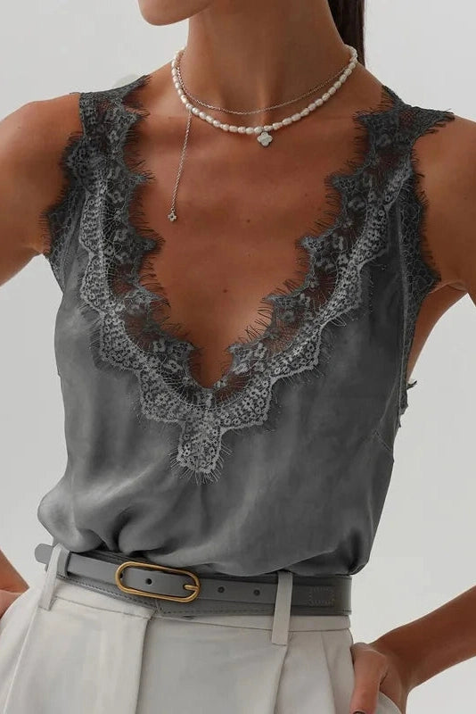 Glorol - Lace Printed V-Neck Patchwork Sleeveless Top
