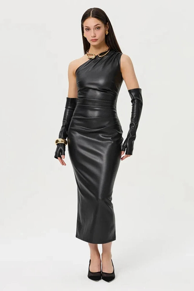 Glorol - Elegant PU Leather Slim Backless Irregular Midi Dress
