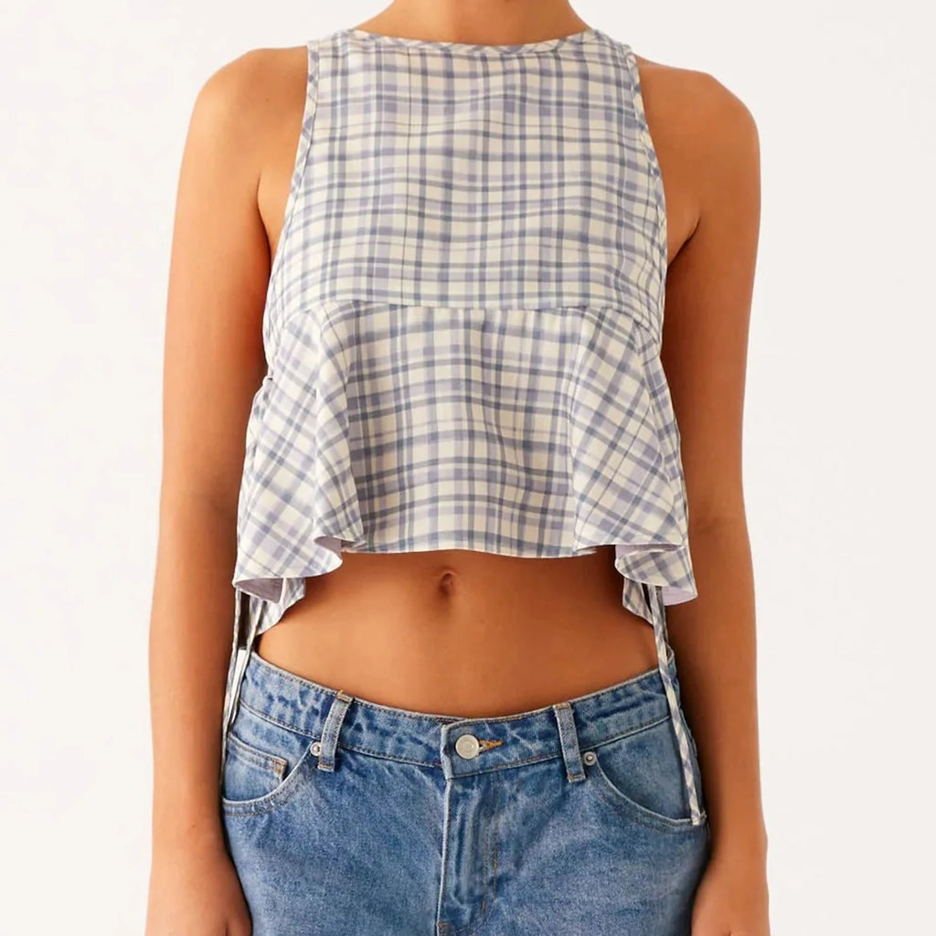 Glorol - Plaid Print Sleeveless Round Neck Tie-Up Top
