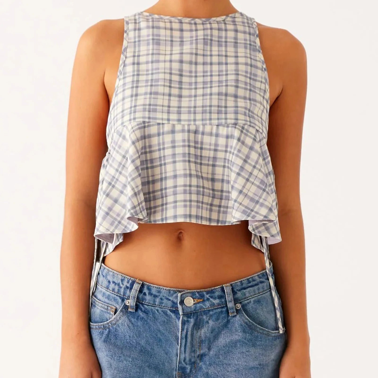 Glorol - Plaid Print Sleeveless Round Neck Tie-Up Top