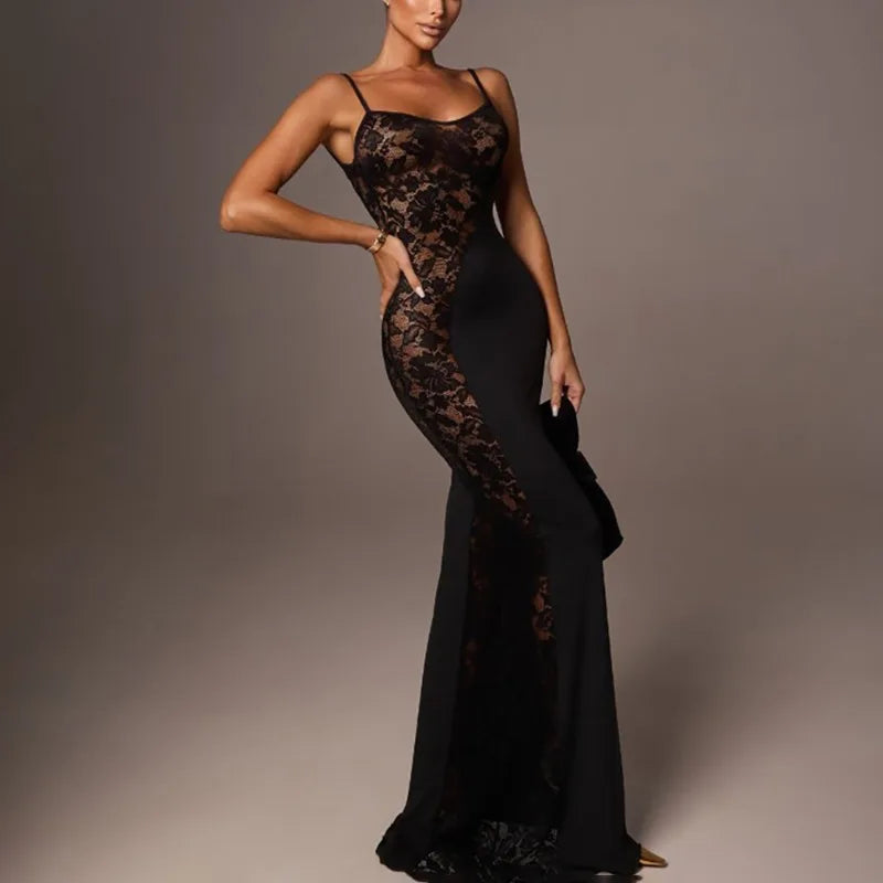 Glorol - Lace Patchwork See Through Sleeveless Maxi Dress