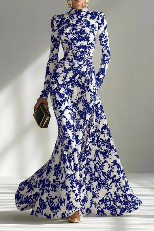 Glorol - Long Sleeve Slim Pleated High Waist Printed Maxi Dress
