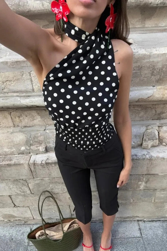 Glorol - Lace-Up Backless One-Shoulder Top