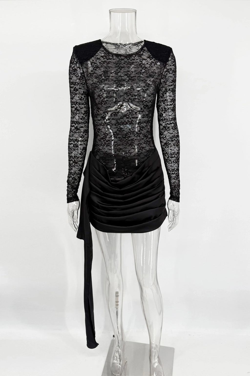 Glorol - Hollow Out Lace Long Sleeve Slim Fit Mini Dress