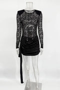 Glorol - Hollow Out Lace Long Sleeve Slim Fit Mini Dress