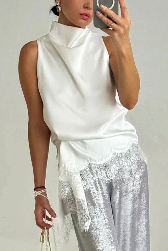 Glorol - Lace High-Neck Sleeveless Loose Irregular Top