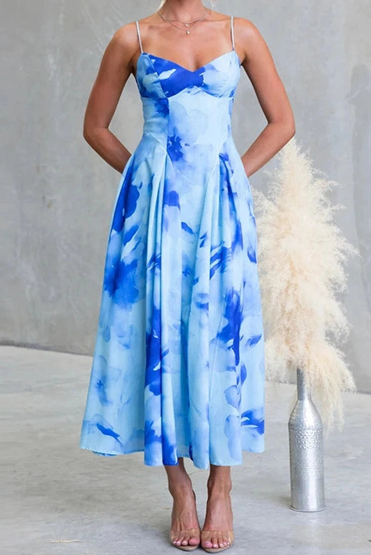 Glorol - Floral Printed High Waist Sleeveless Pleated Midi Dress