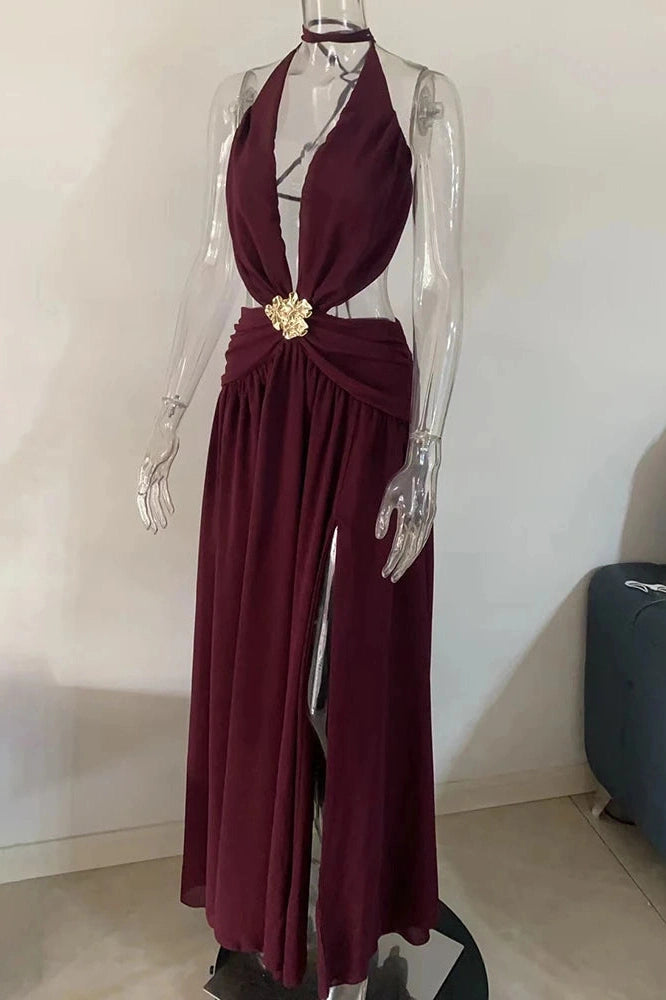 Glorol - Hollow Out Deep V Neck Sleeveless Backless High Split Maxi Dress