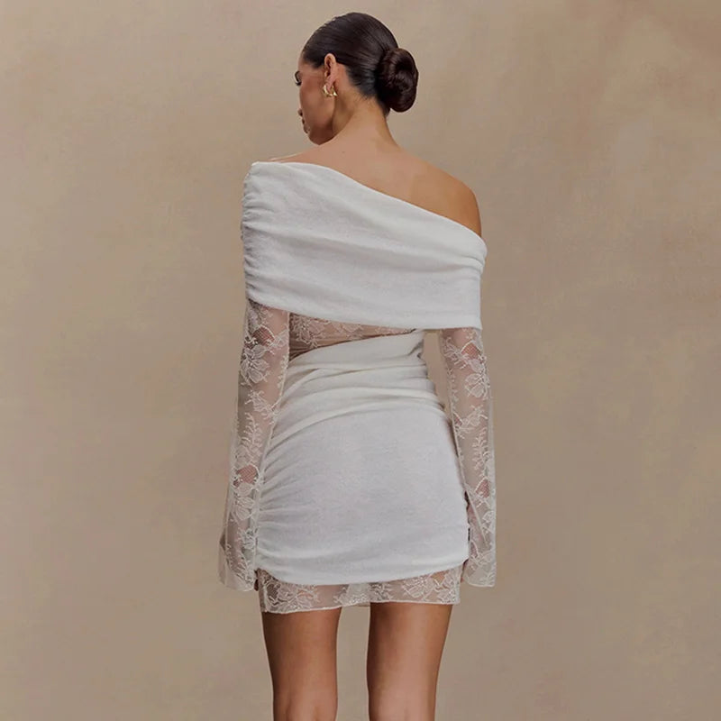 Glorol - Lace Patchwork Slash Neck Off-Shoulder Mini Dress