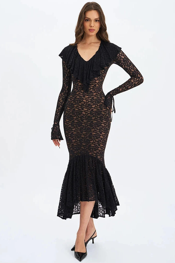 Glorol - Lace V Neck Long Flare Sleeve High Waist Maxi Dress