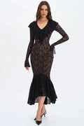 Glorol - Lace V Neck Long Flare Sleeve High Waist Maxi Dress