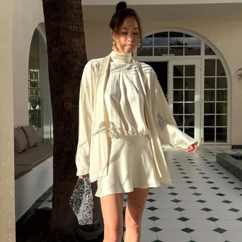 Glorol - Lace-Up Long Sleeves Loose Mini Dress