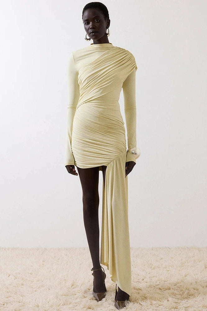 Glorol - Elegant Turtleneck Long Sleeve High Waist Pleated Irregular Mini Dress