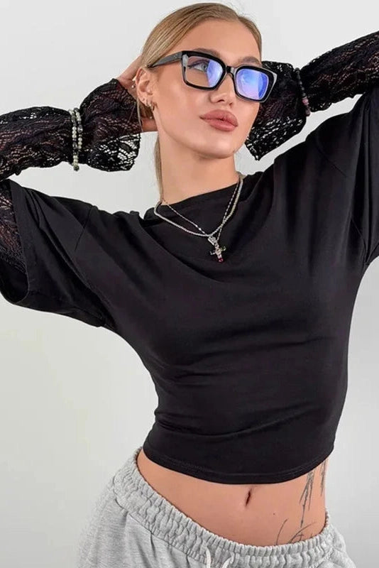 Glorol - Lace Long Sleeve Printed High Waist Top