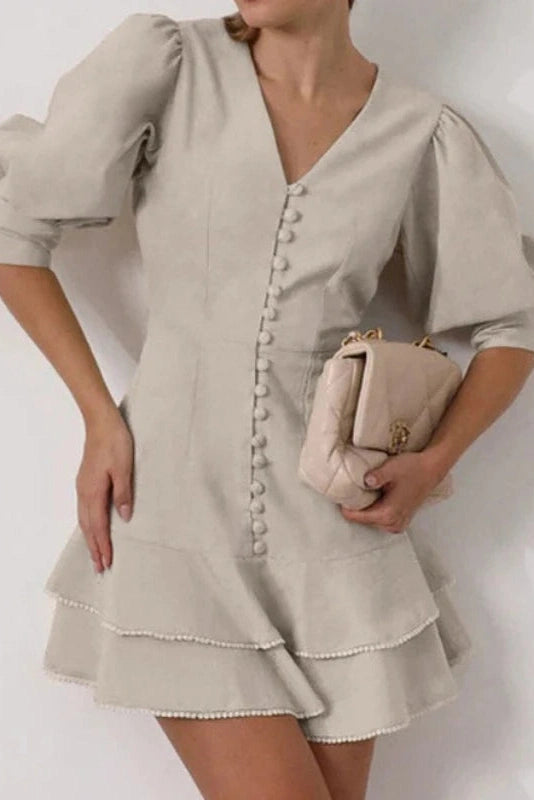Glorol - Lantern Sleeve A-Line V-Neck Single-Breasted High Waist Mini Dress