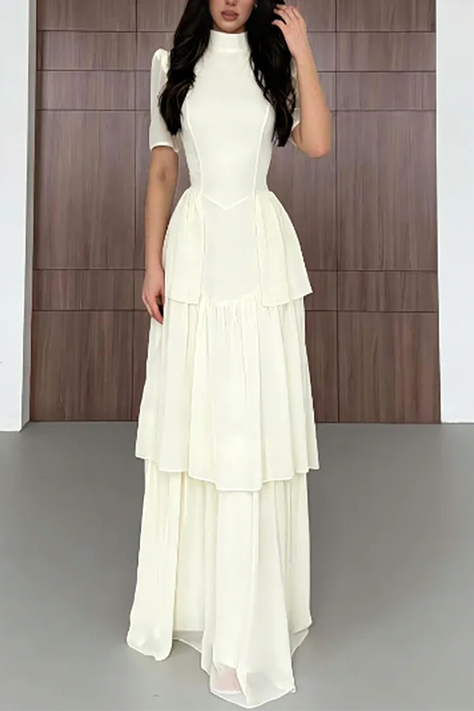Glorol - O-Neck Pleat High Waist Maxi Dress