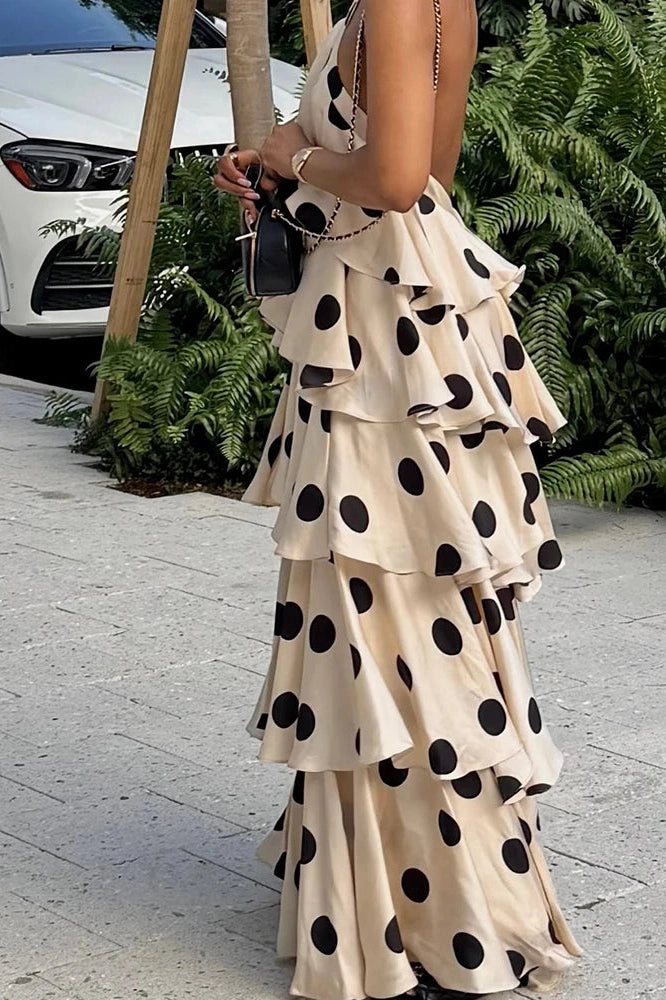 Glorol - Elegant Backless Polka Dot Sleeveless Maxi Dress