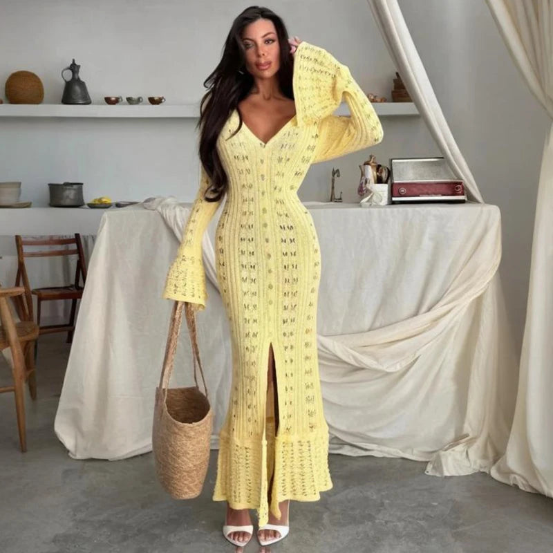 Glorol - Hollow Knitted Long Sleeve Maxi Dress