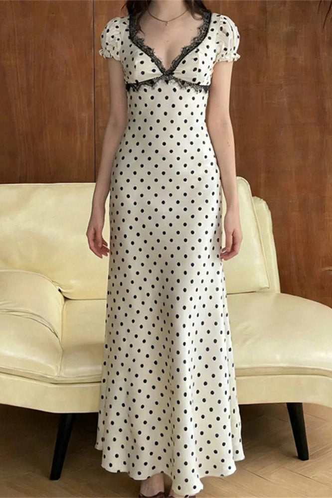 Glorol - Lace Backless V-Neck Short Sleeve Maxi Dress