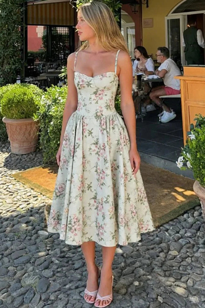 Glorol - Spaghetti Strap Printed Sleeveless A-Line High Waist Pleated Midi Dress