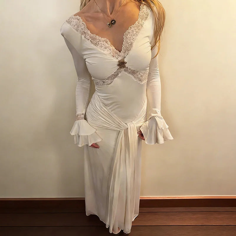 Glorol - Elegant Hollow Out V-Neck Patchwork Maxi Dress