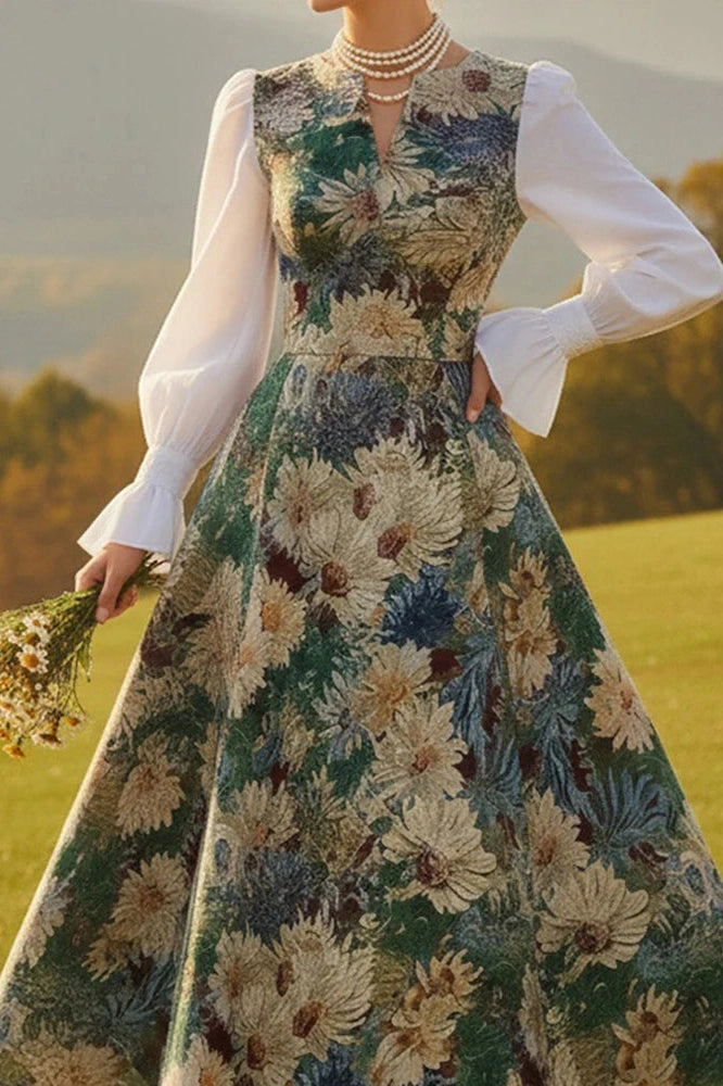 Glorol - Elegant High Waist Pleated V-Neck Printed Midi Dress