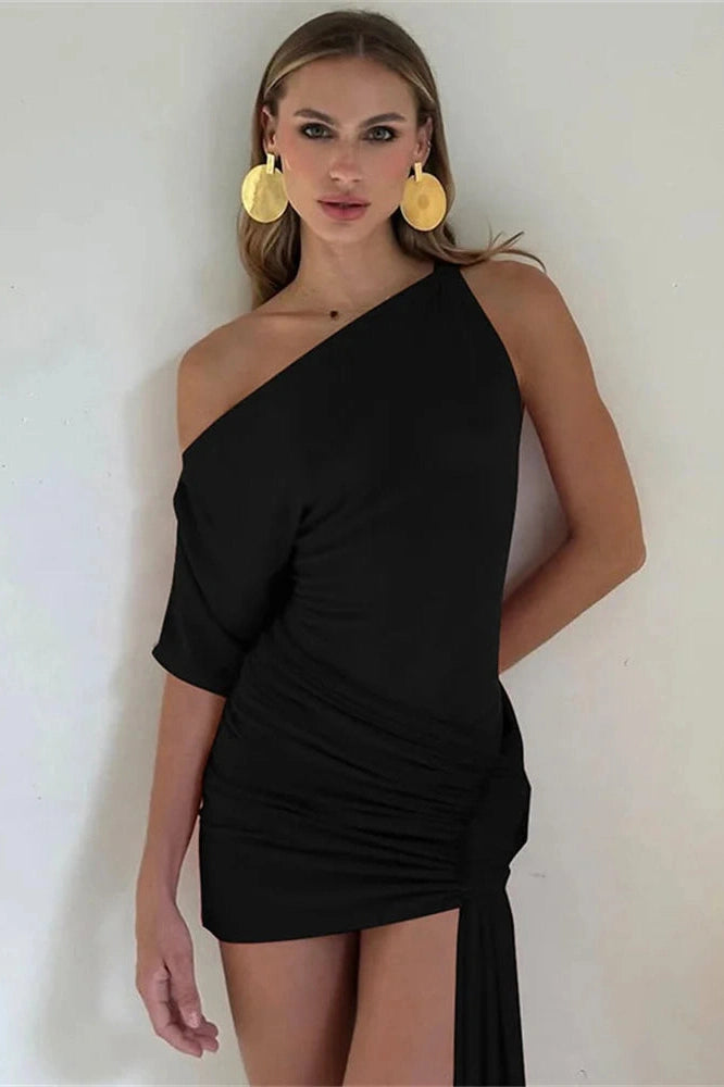 Glorol - One-Shoulder Slim Patchwork Bodycon Mini Dress