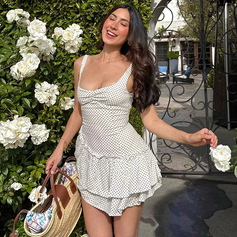 Glorol - Polka Dot Pleated Slim Sleeveless High Waist Mini Dress