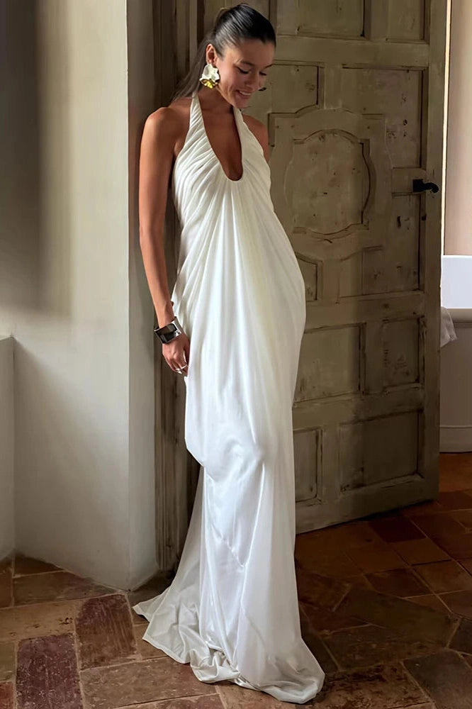 Glorol - Elegant Backless V Neck Sleeveless Pleated Maxi Dress