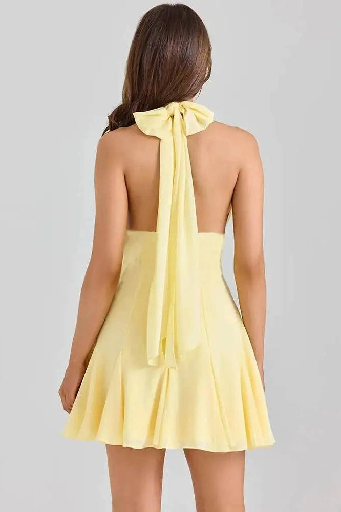 Glorol - Backless Lace V Neck Sleeveless High Waist A-line Mini Dress