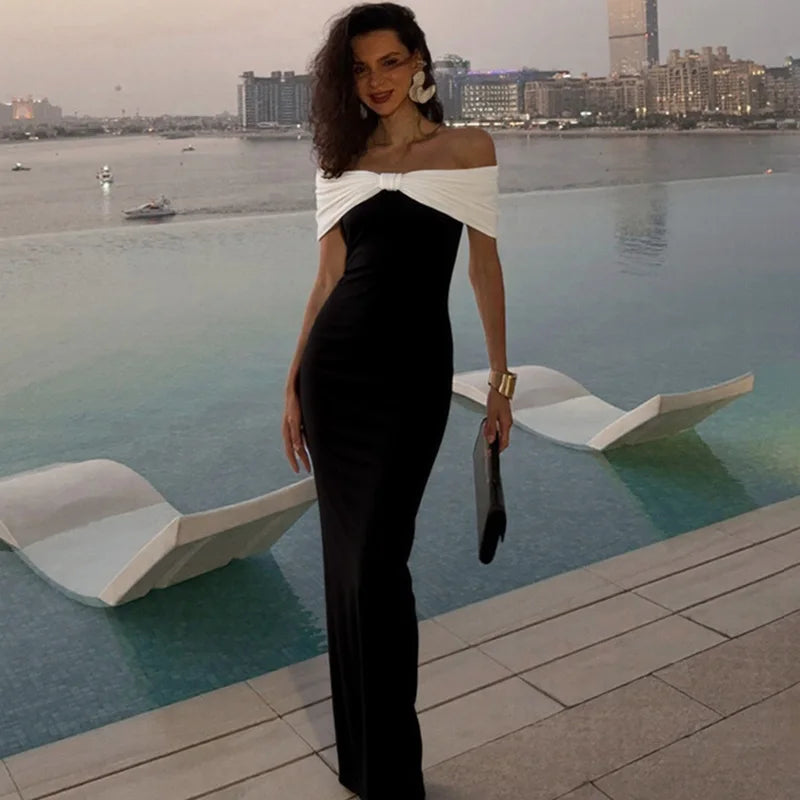 Glorol - Off Shoulder Patchwork Backless Maxi Dress