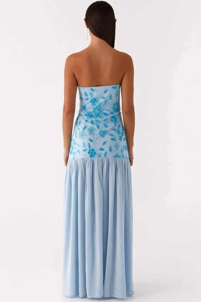 Glorol - Off-Shoulder Split Print Strapless Backless Pleated Maxi Dress