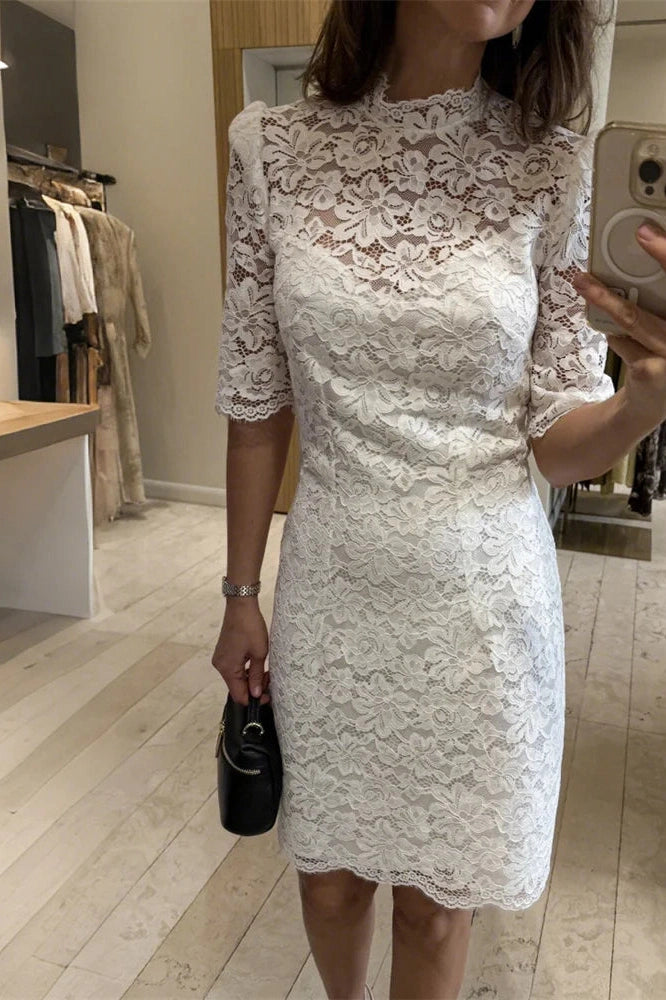 Glorol - See-Through Lace Patchwork Short Sleeve Mini Dress