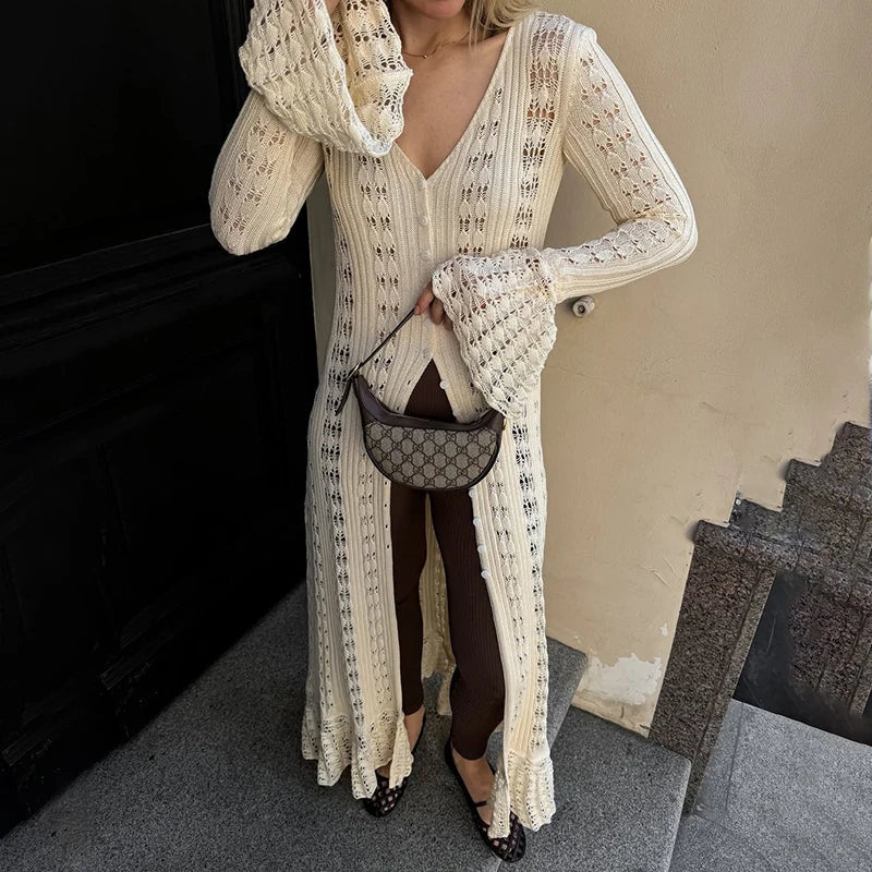 Hollow Knitted Long Sleeve Maxi Dress