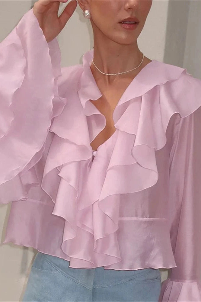 Glorol - Patchwork V-Neck Long Sleeve Loose Top