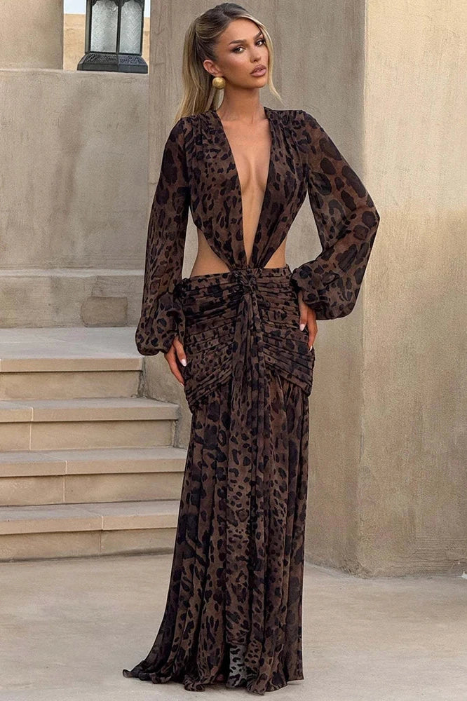 Glorol - Hollow Out Printed Long Sleeve Backless Bodycon Maxi Dress