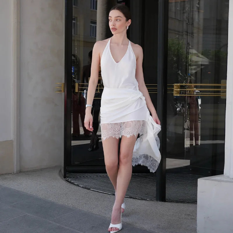 Glorol - Lace Patchwork V-Neck Bodycon Mini Dress